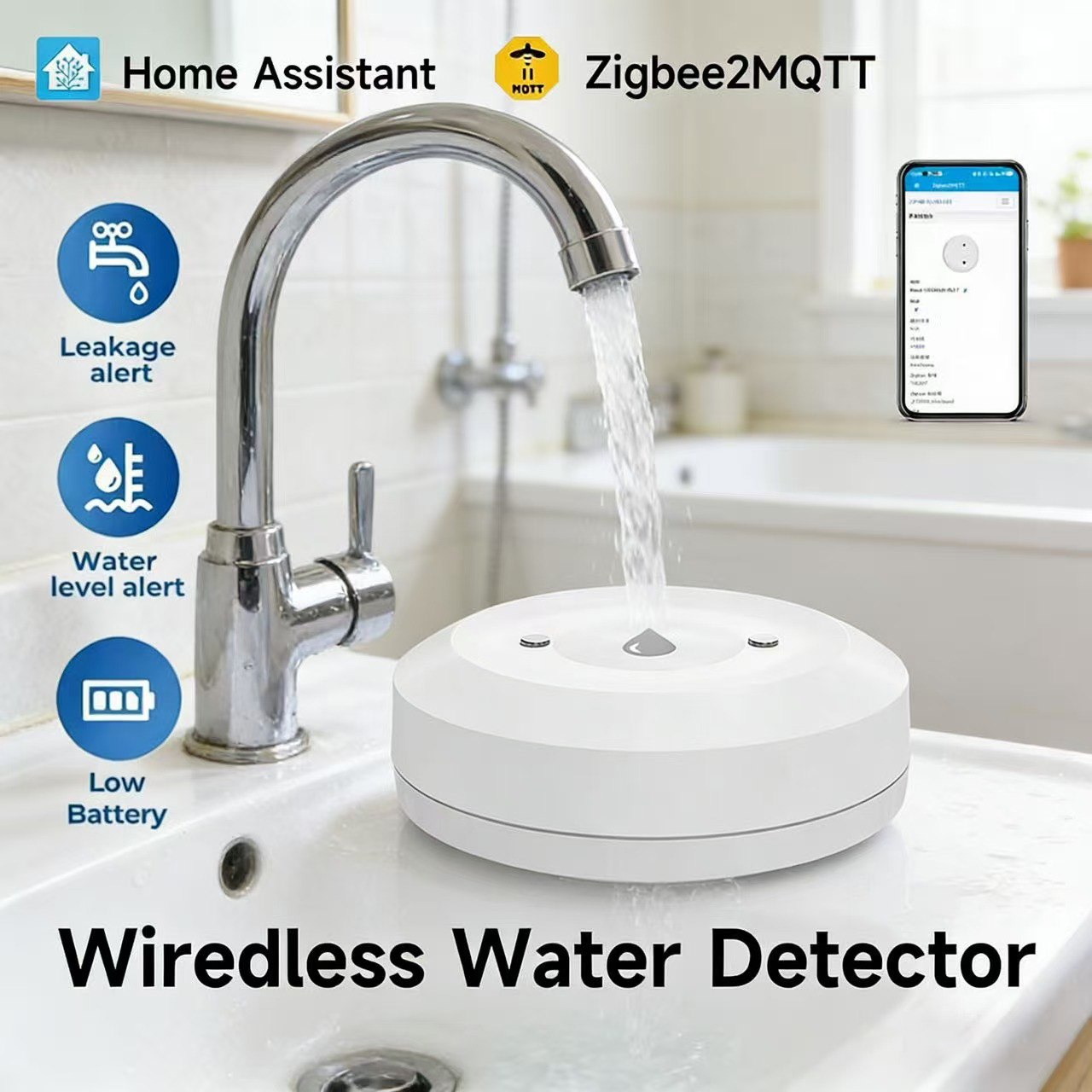 Home Security With Monitoring - Smart ZigBee3.0 2MQTT Water Leakage Sensor
