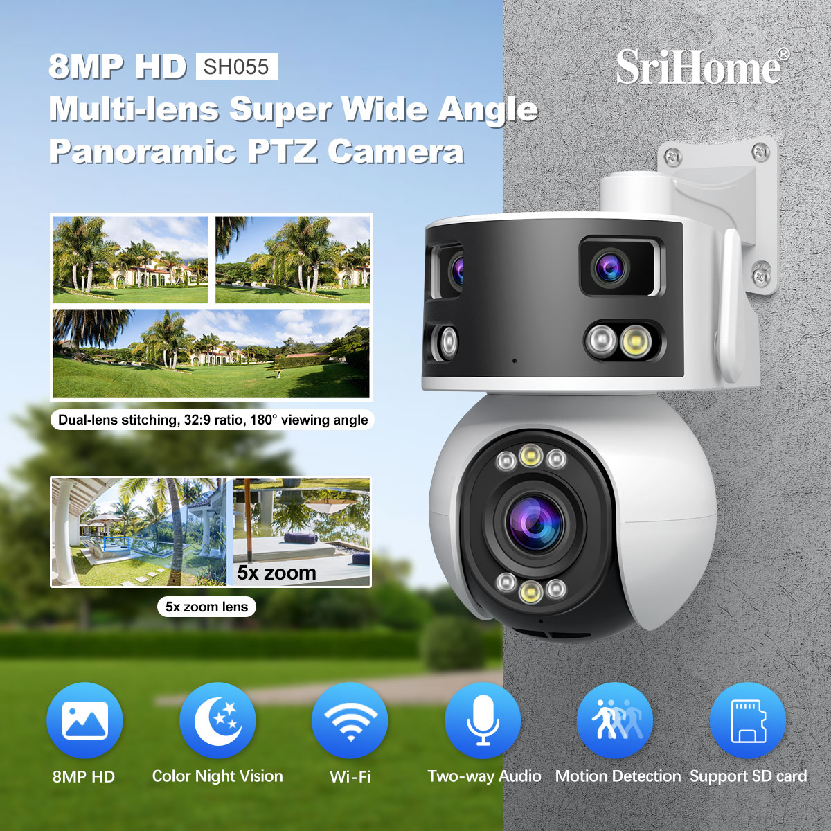 Home Security Ai - Srihome SH055 8MP 5X Zoom Triple